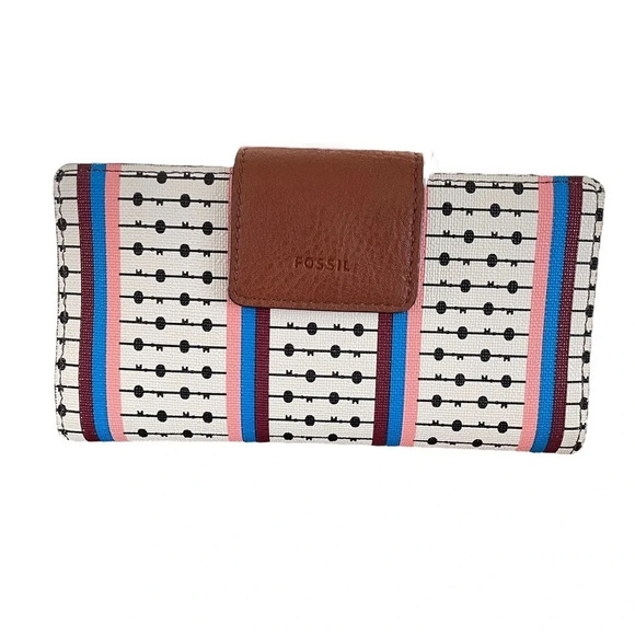 Fossil Women's Wallet Caroline Clutch ECRU Multi Stripe Zip - Picture 1 of 16